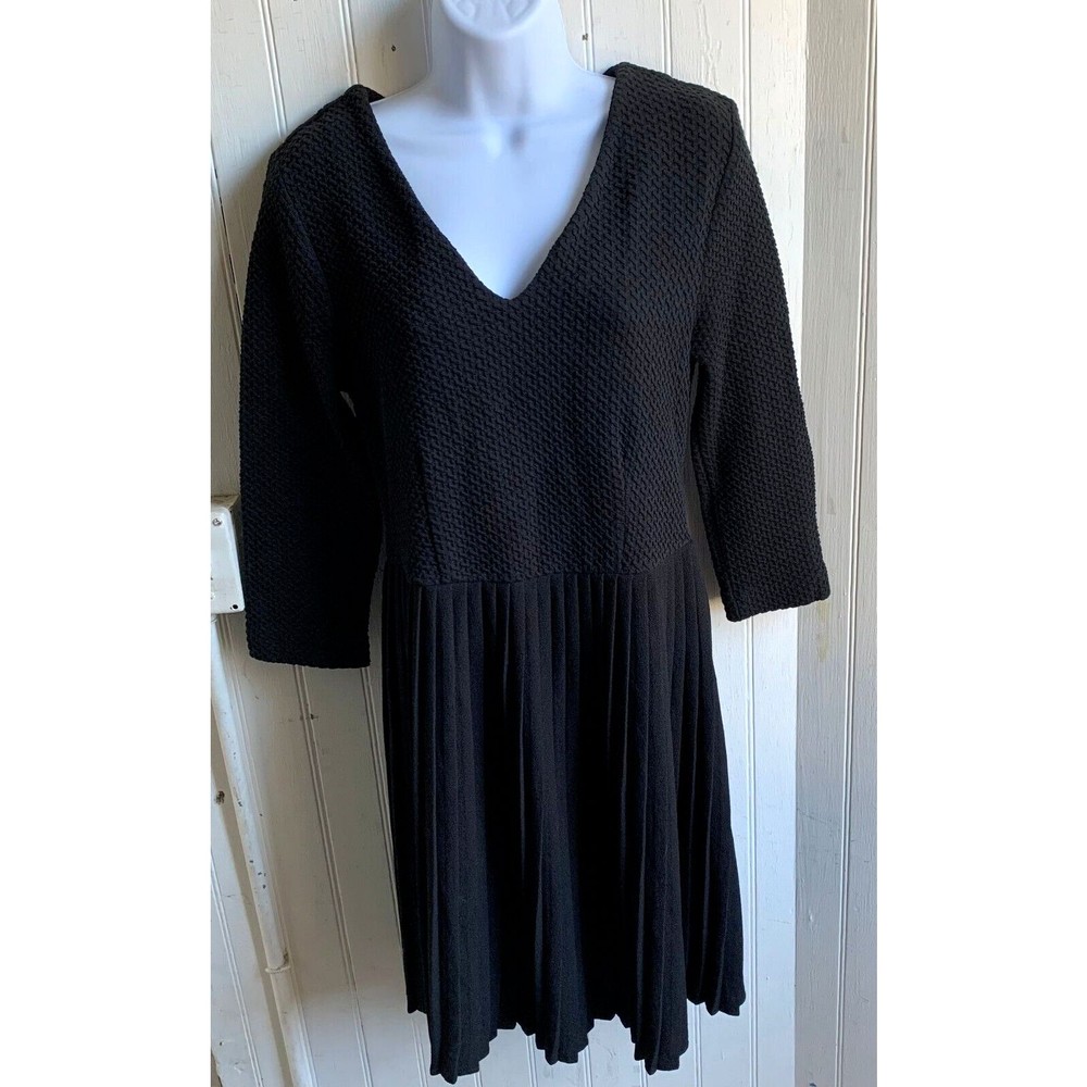 Ganni Anthropologie Fulton Black V Neck Textured Pleated 3/4 Sleeve Dress  -Sz S